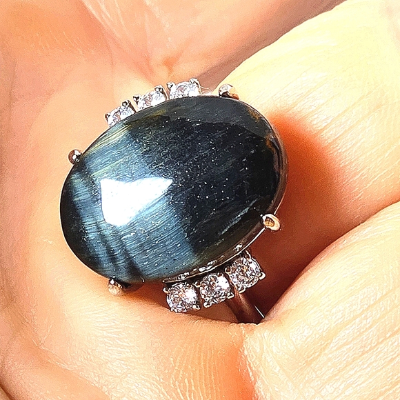 Natural Blue Tiger Eye & CZ 925 Sterling Silver Ring - Picture 9 of 10